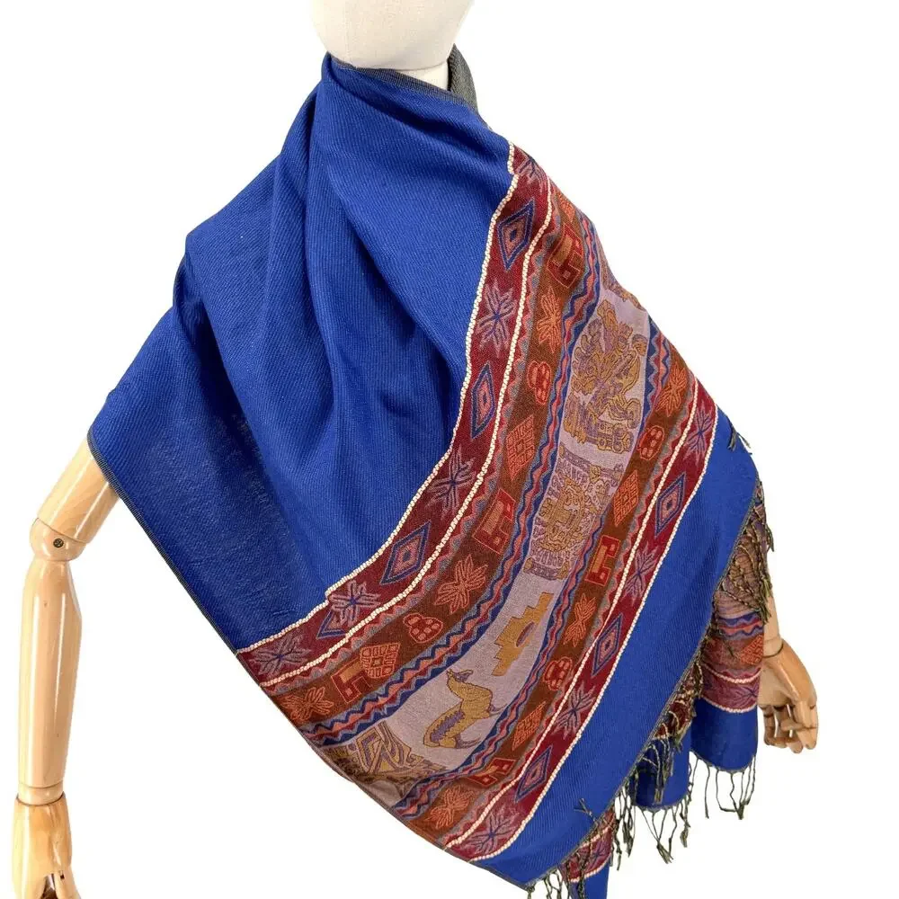 Blue Red 100% Wool Aztec Llama Tribal Scarf